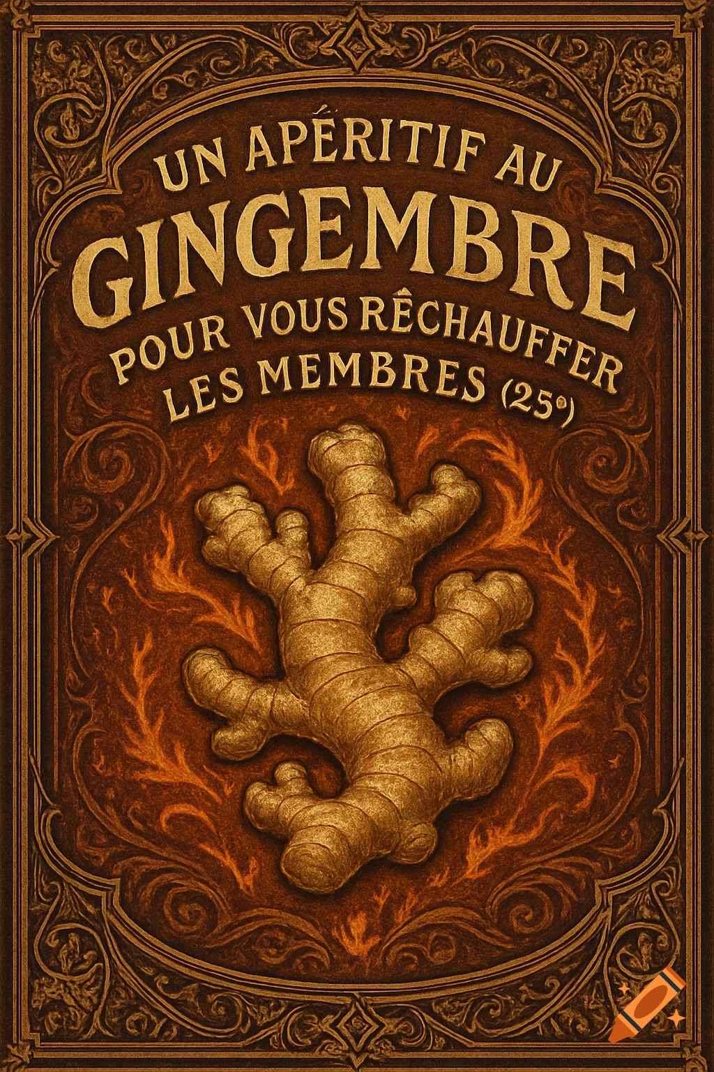 Ornate vintage-style label for a ginger aperitif, featuring a large ginger root and elegant text on a fiery orange-brown background.