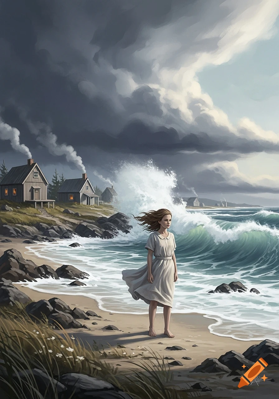 Digital painting of a woman on a sandy beach with crashing waves, stormy sky, and coastal houses.
