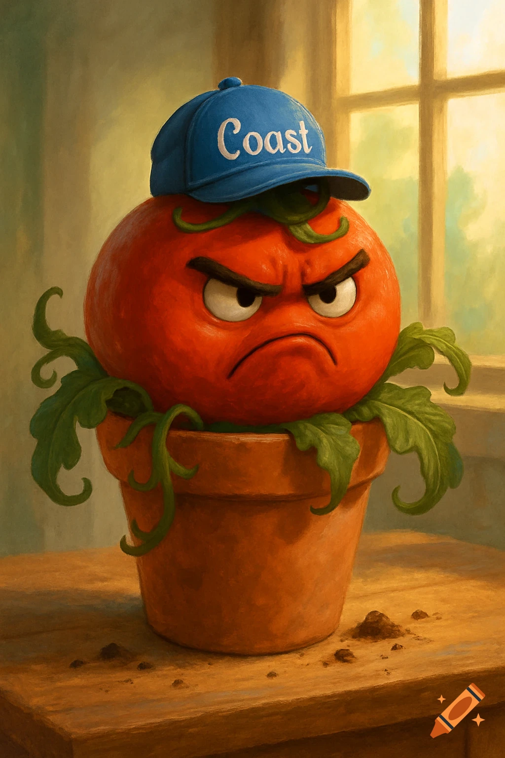 A cartoonish, angry red tomato in a pot, wearing a blue baseball cap that says 'Coast' on it, on a wooden table.