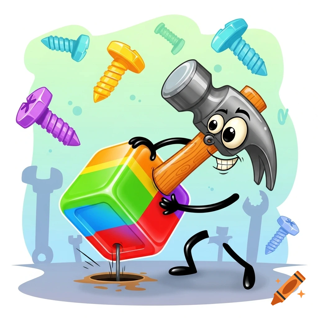 A cartoon hammer character with a happy grin tries to force a large, rainbow-colored square peg into a small round hole, surrounded by colorful screws.
