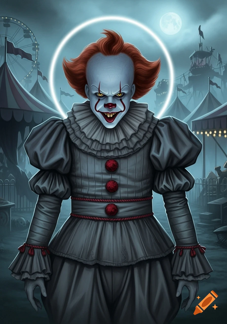 A stylized illustration of Pennywise, the horror clown, with a menacing smile and sharp teeth, against a dark carnival background.