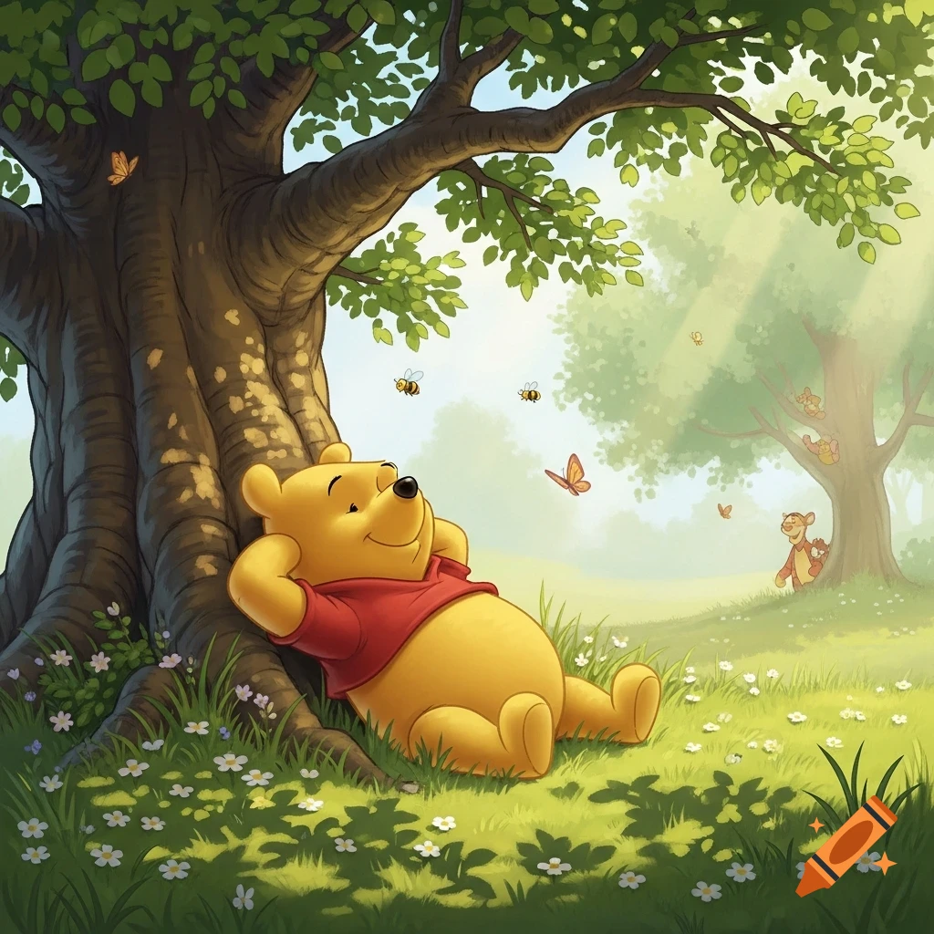 Winnie the Pooh relaxing under a large green tree in a sunny meadow with butterflies and bees, in a colorful cartoon style.
