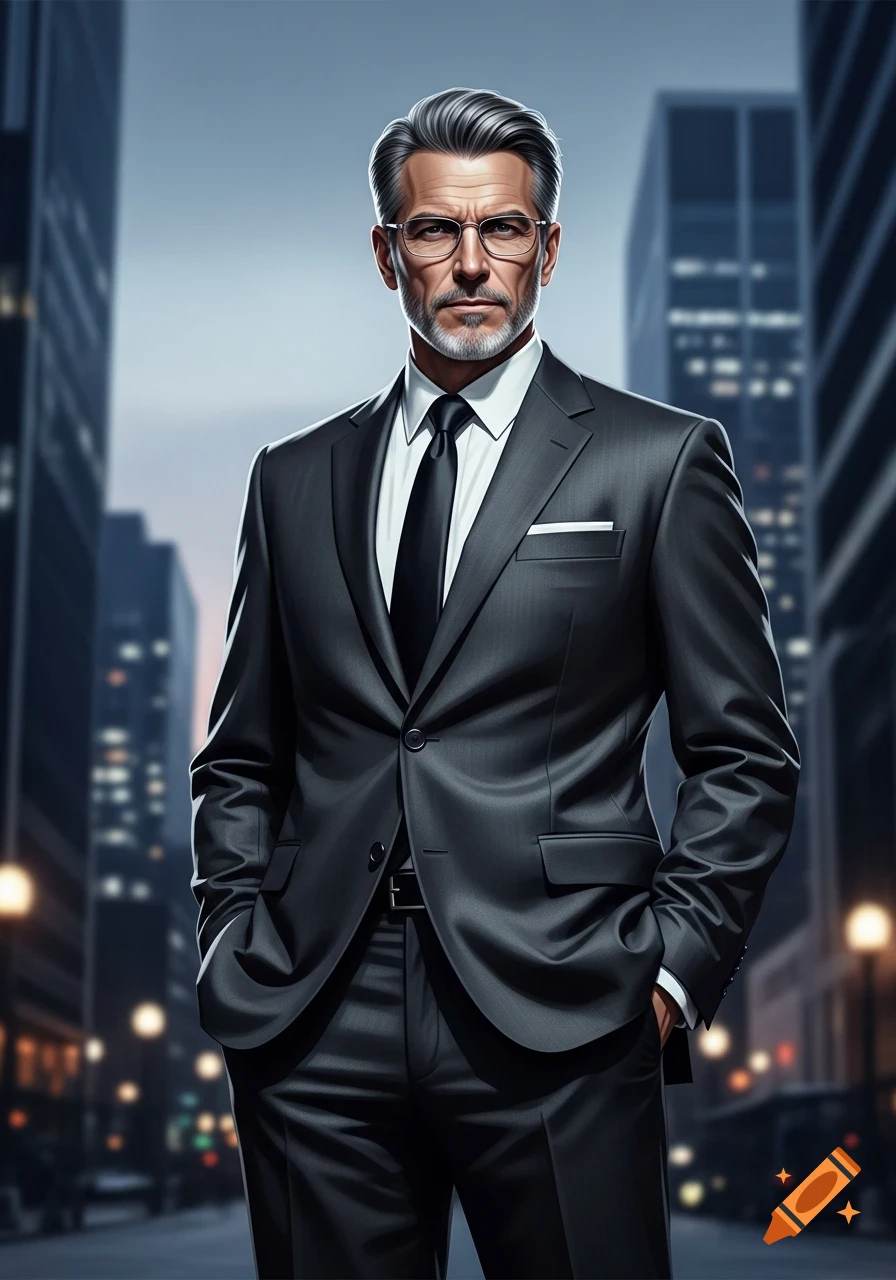Photorealistic portrait of a serious, grey-haired man in a dark suit ...