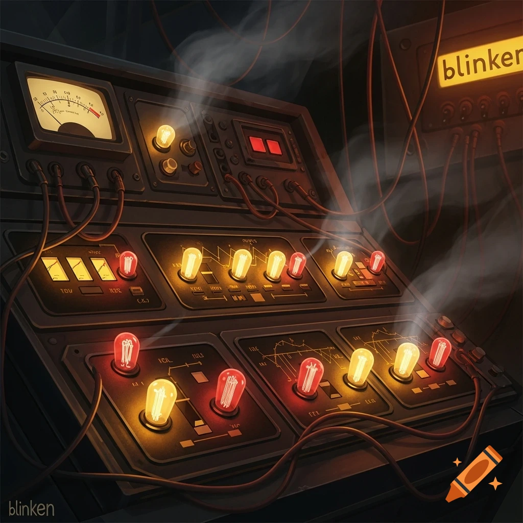 A retro-futuristic control panel glows with numerous yellow and red light bulbs, gauges, and wires amidst a smoky atmosphere.