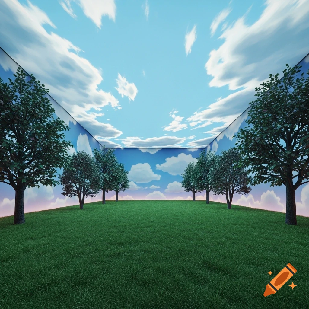 A surreal indoor room with a grassy floor and walls painted with blue sky, white clouds, and trees, resembling an enclosed outdoor space.