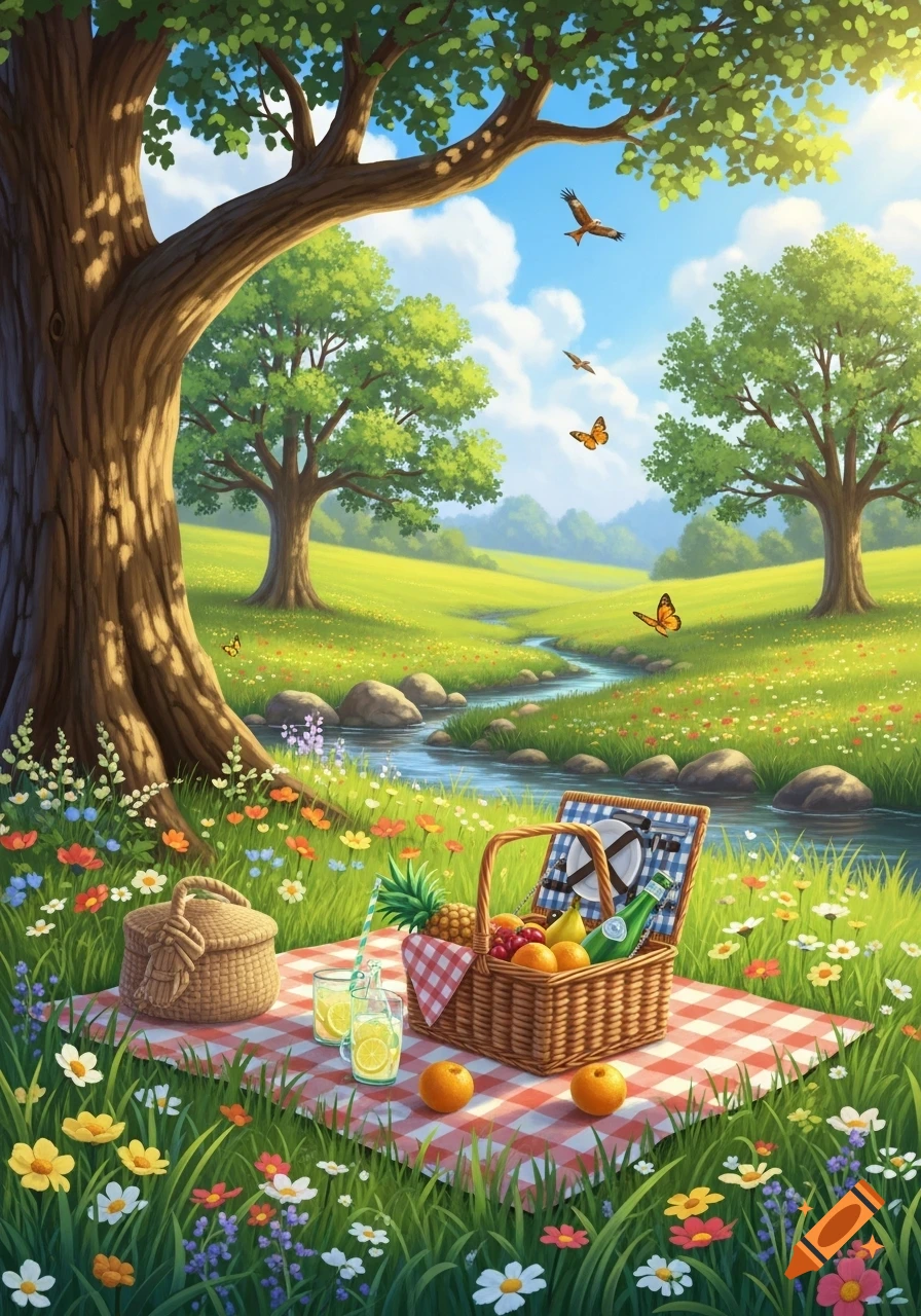 A vibrant illustration of a picnic spread on a red and white checkered blanket by a winding stream in a lush green meadow with large trees and colorful flowers.
