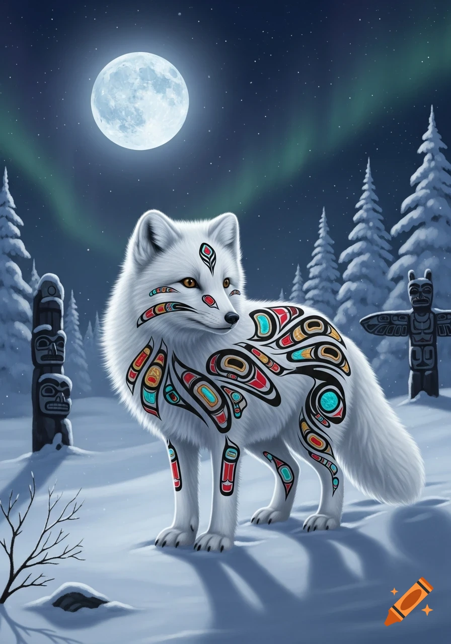An Arctic fox with colorful indigenous art patterns on its fur stands in a snowy landscape under a full moon and aurora borealis.
