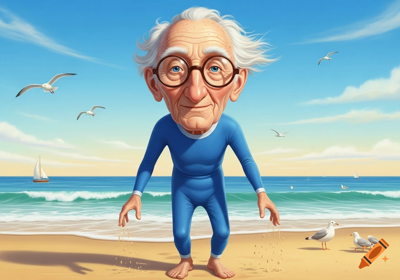 A cartoon illustration of an old man with white curly hair and glasses, wearing a blue full-body suit, standing on a sunny beach with seagulls and a sailboat.
