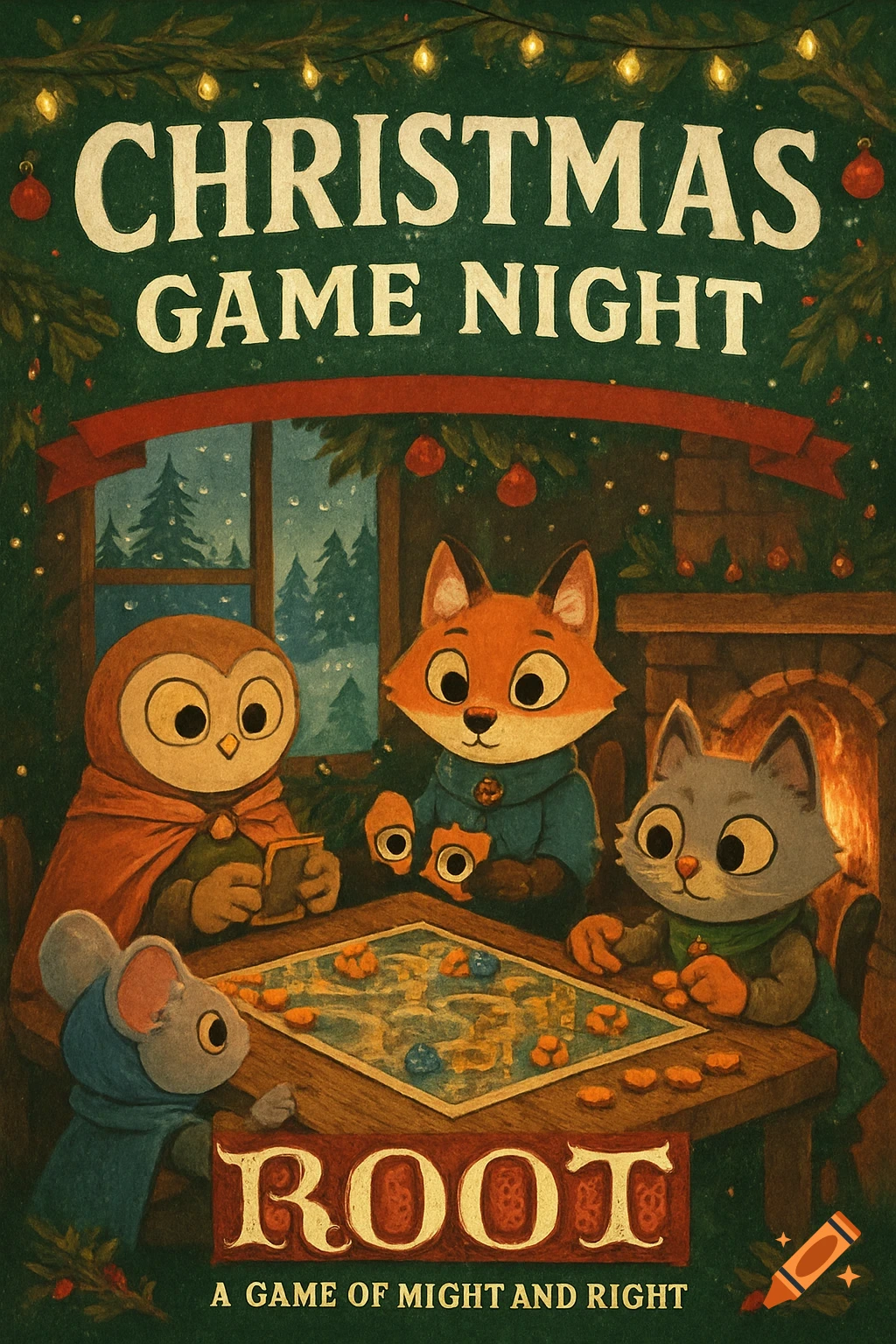 Illustration of anthropomorphic animals playing the Root board game in a cozy Christmas setting with text 'Christmas Game Night'.
