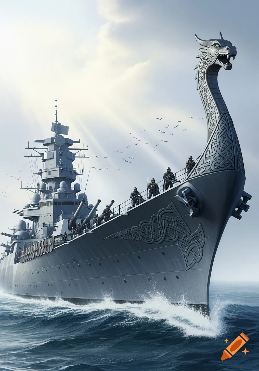 A grey battleship with a Viking dragon head prow and Celtic knotwork sails on a choppy sea, carrying armed soldiers.