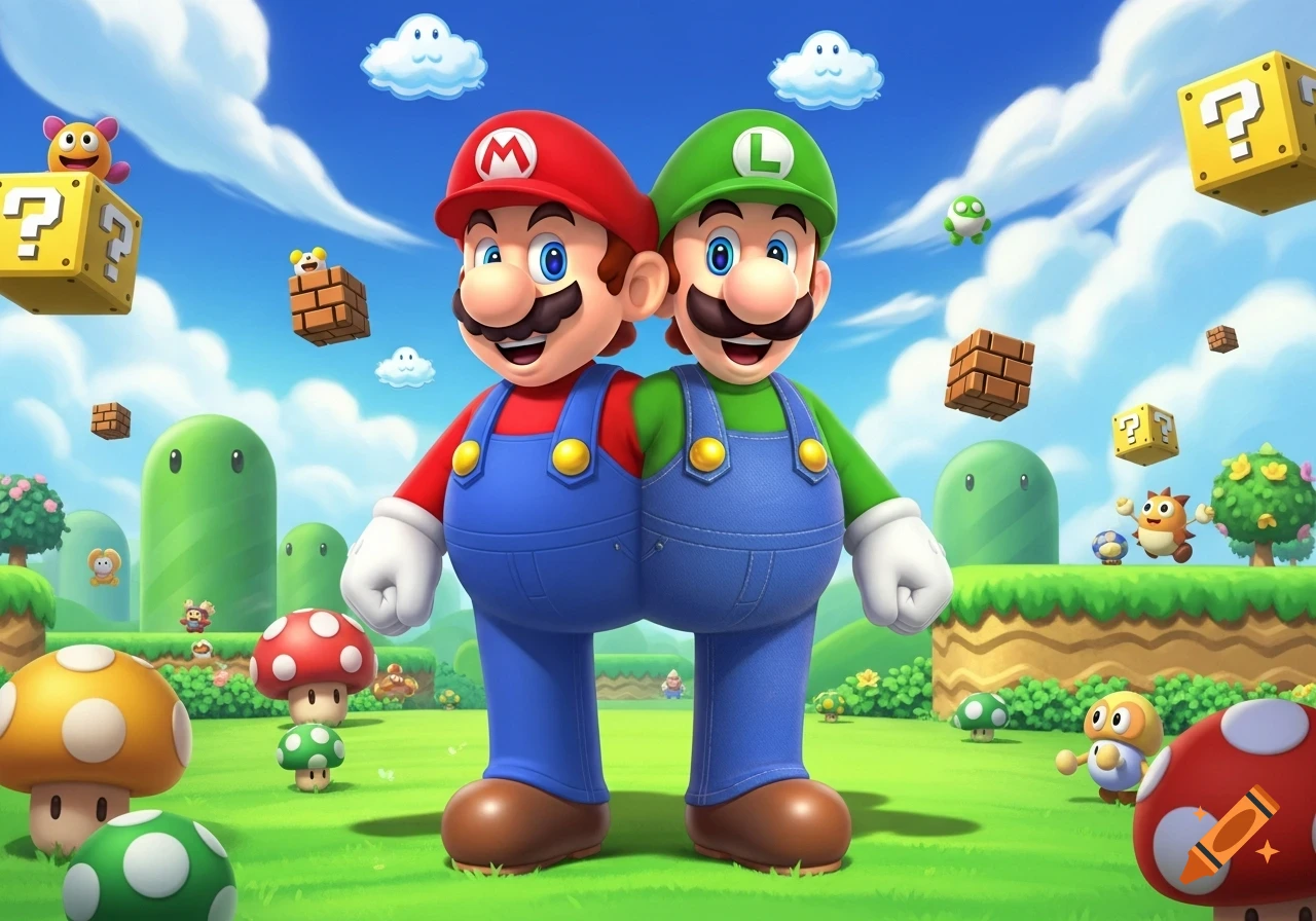 Mario and Luigi, sharing one body, smile in a vibrant Super Mario Bros. landscape with flying question blocks and mushrooms.