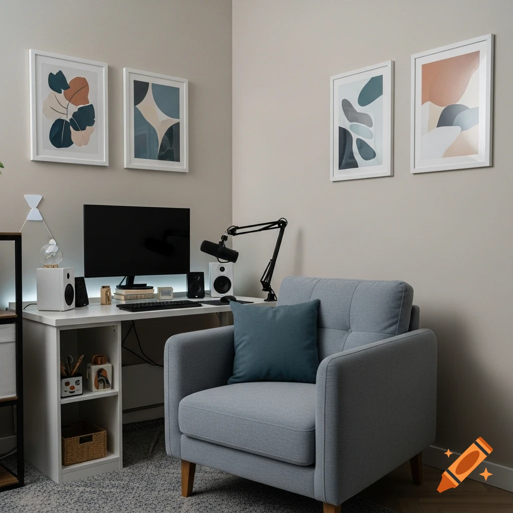 A clean and modern home office features a white desk with a monitor, microphone, and speakers, next to a comfy grey armchair with a blue pillow. Abstract art hangs on the light-colored walls.