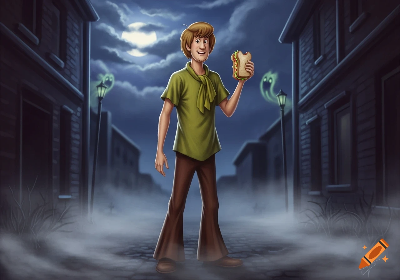 Shaggy from Scooby-Doo holds a bitten sandwich on a foggy, moonlit street with two green ghosts.