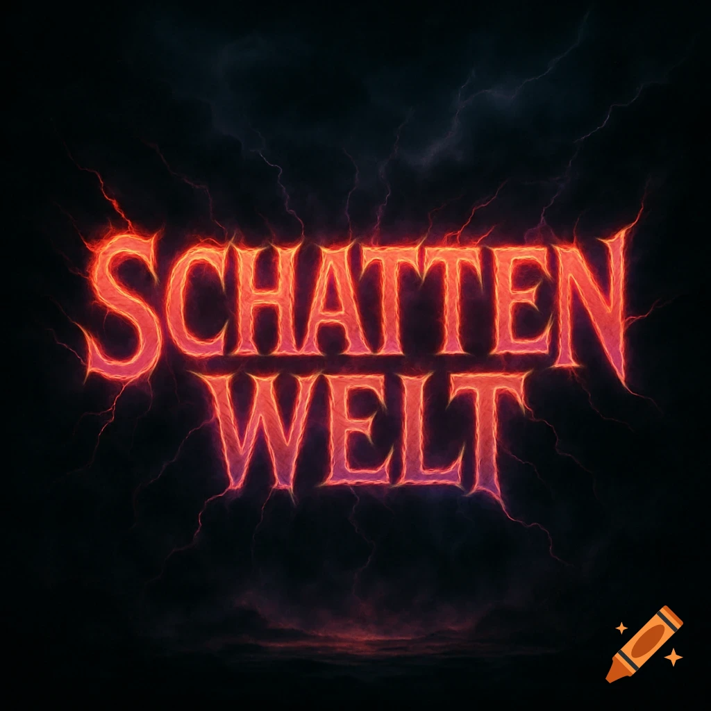 The words SCHATTEN WELT in a glowing, fiery red font with a dark, stormy, Stranger Things-inspired background.