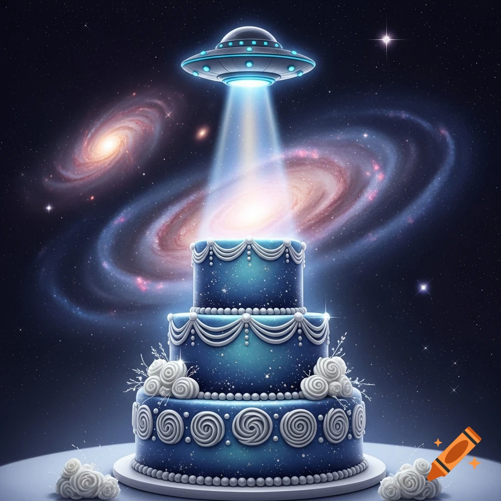A decorative, tiered blue wedding cake with white frosting details, illuminated by a beam from a hovering UFO in a starry galaxy.