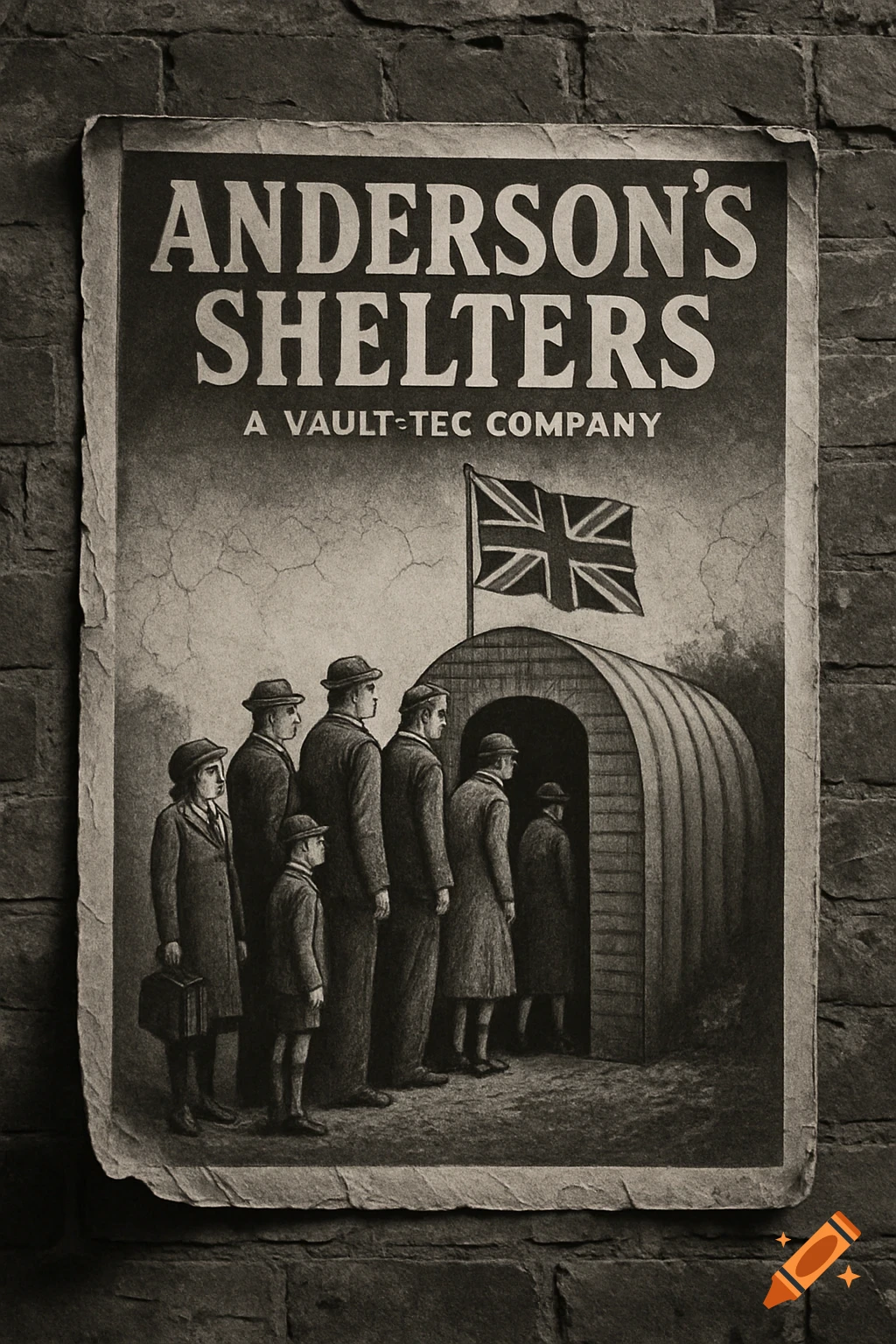 A tattered, black and white vintage poster for 'Anderson's Shelters' shows people queuing to enter a nuclear bunker with a Union Jack flag.