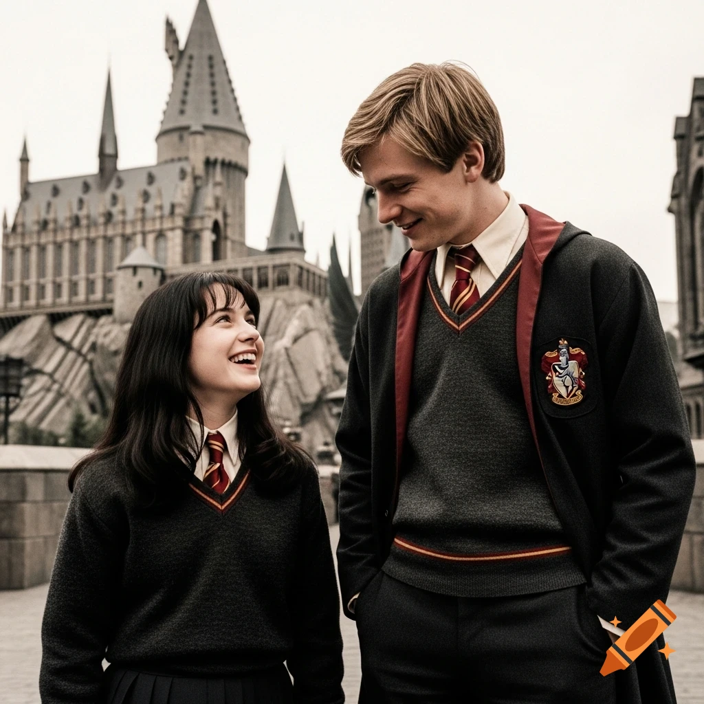 Two smiling students in Gryffindor and Ravenclaw uniforms stand in front of Hogwarts castle in a vintage-style photograph.