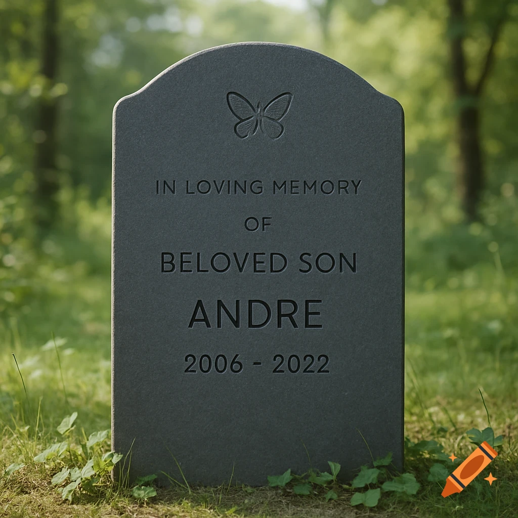 A modern dark granite gravestone with a butterfly engraving and 'IN LOVING MEMORY OF BELOVED SON ANDRE 2006 - 2022' inscribed, in a peaceful green cemetery.