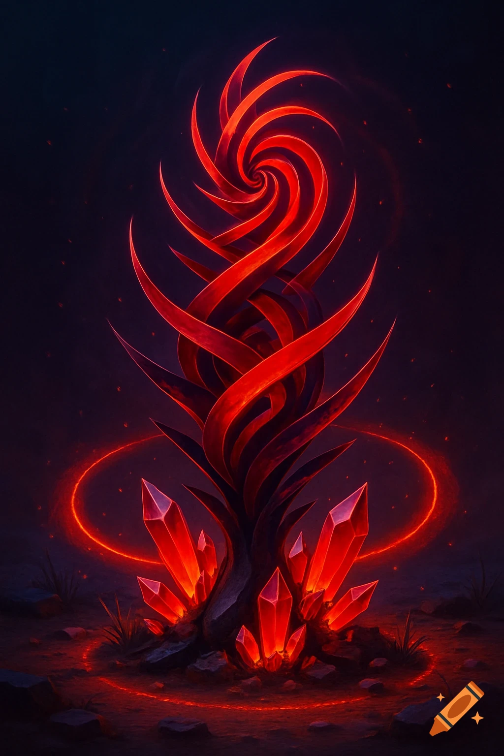 A glowing, spiraling red plant with sharp spikes and red crystals emerges from dark ground, encircled by a red light.
