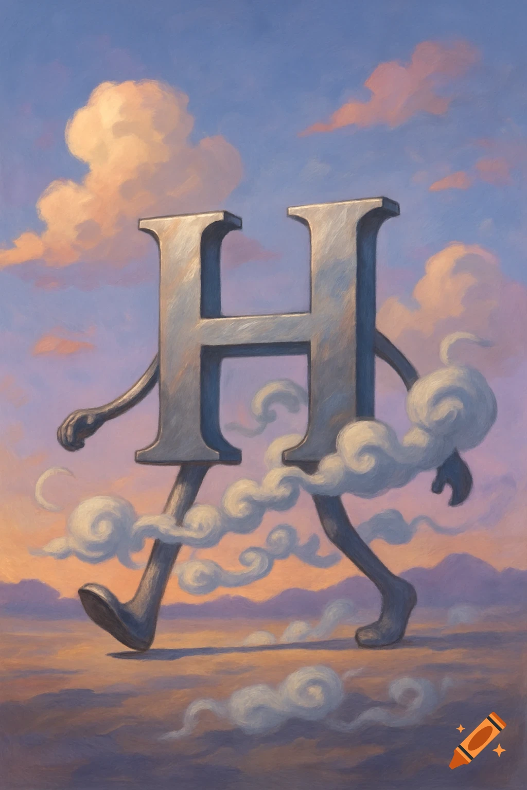 A metallic capital letter H with arms and legs walks through a cloudy landscape under a pastel sunset sky.