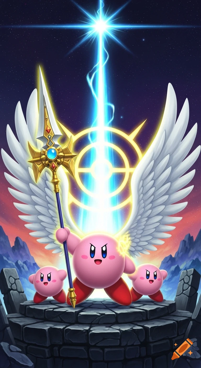 Main Kirby with large white wings and glowing spear stands on a stone platform with two smaller Kirbys against a cosmic sky, in anime style.