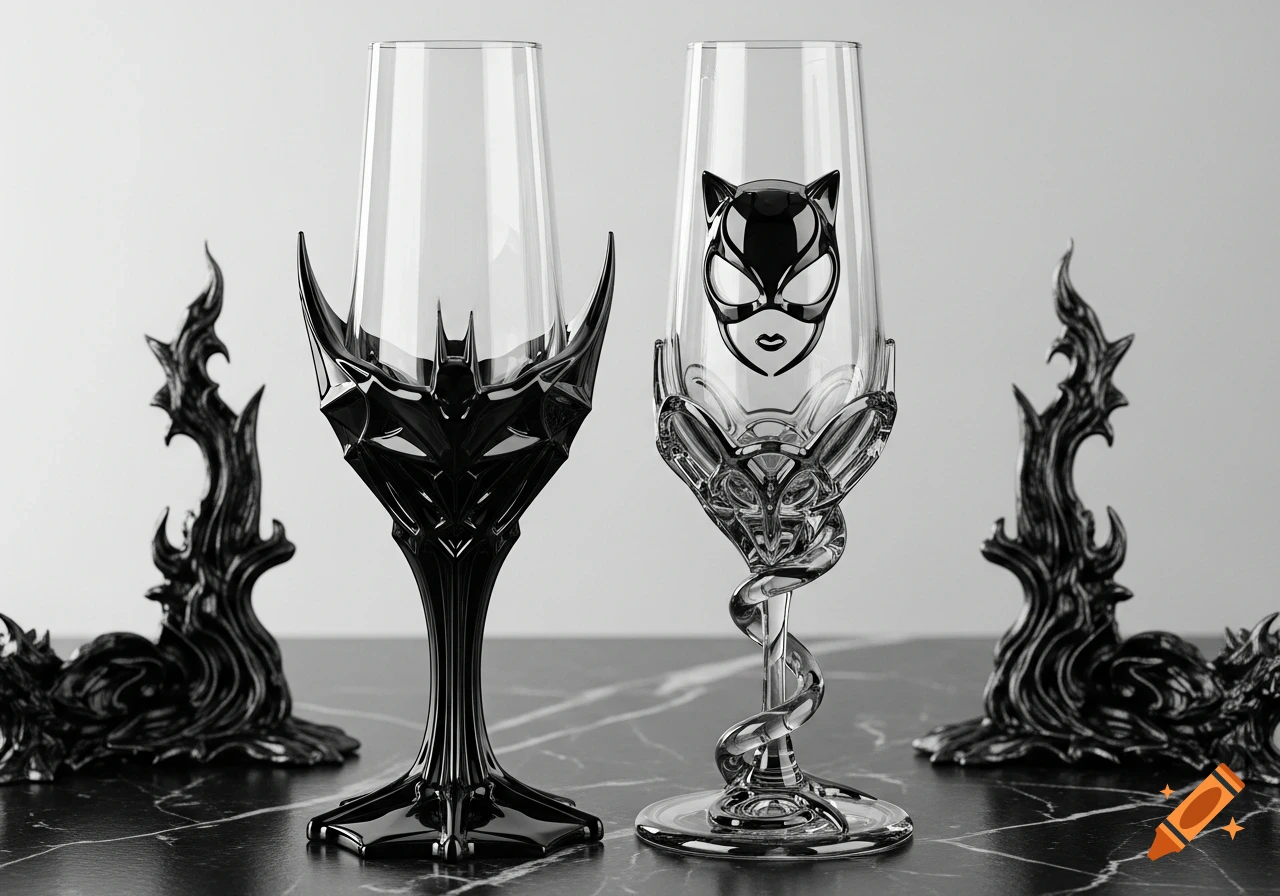 Two art glass champagne flutes on black marble: one dark and angular (Batman-inspired), one clear with a spiral base and Catwoman mask.