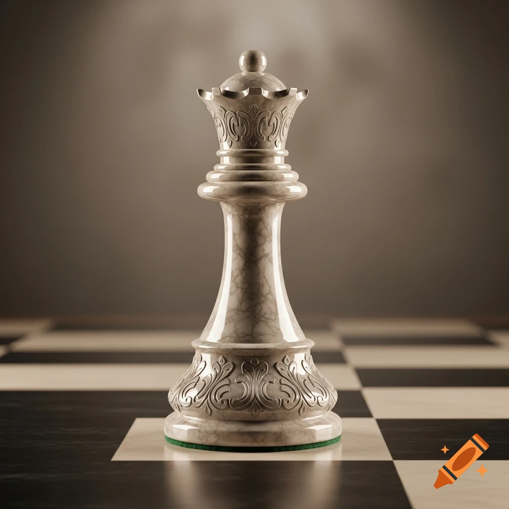 A detailed white marble queen chess piece with ornate carvings stands on a black and white checkered board.