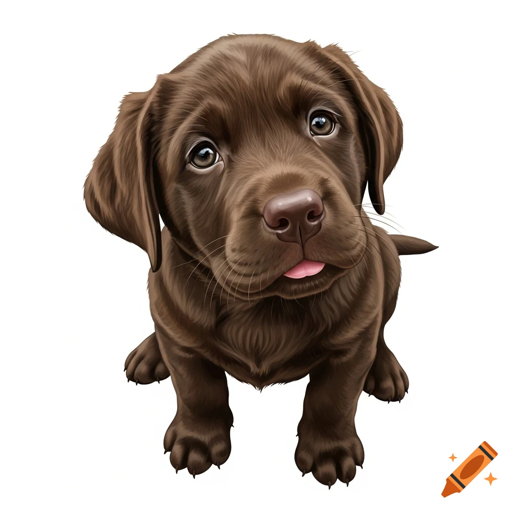 A cute chocolate Labrador puppy with big eyes, tongue slightly out, sitting on a white background, digital art.