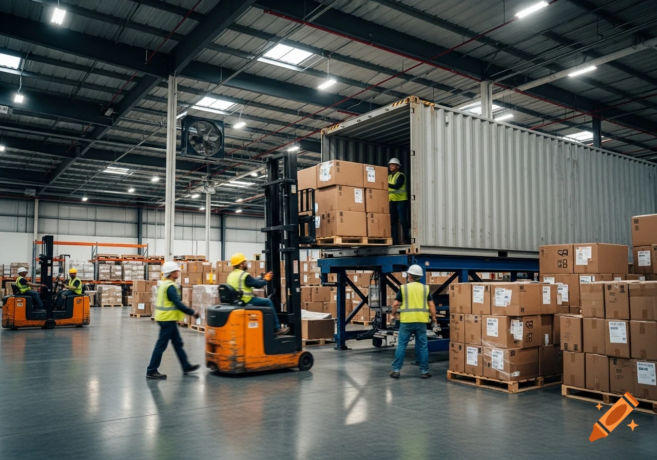 Workers in safety vests use forklifts to load boxes into a shipping container in a large, busy warehouse. Photorealistic style.