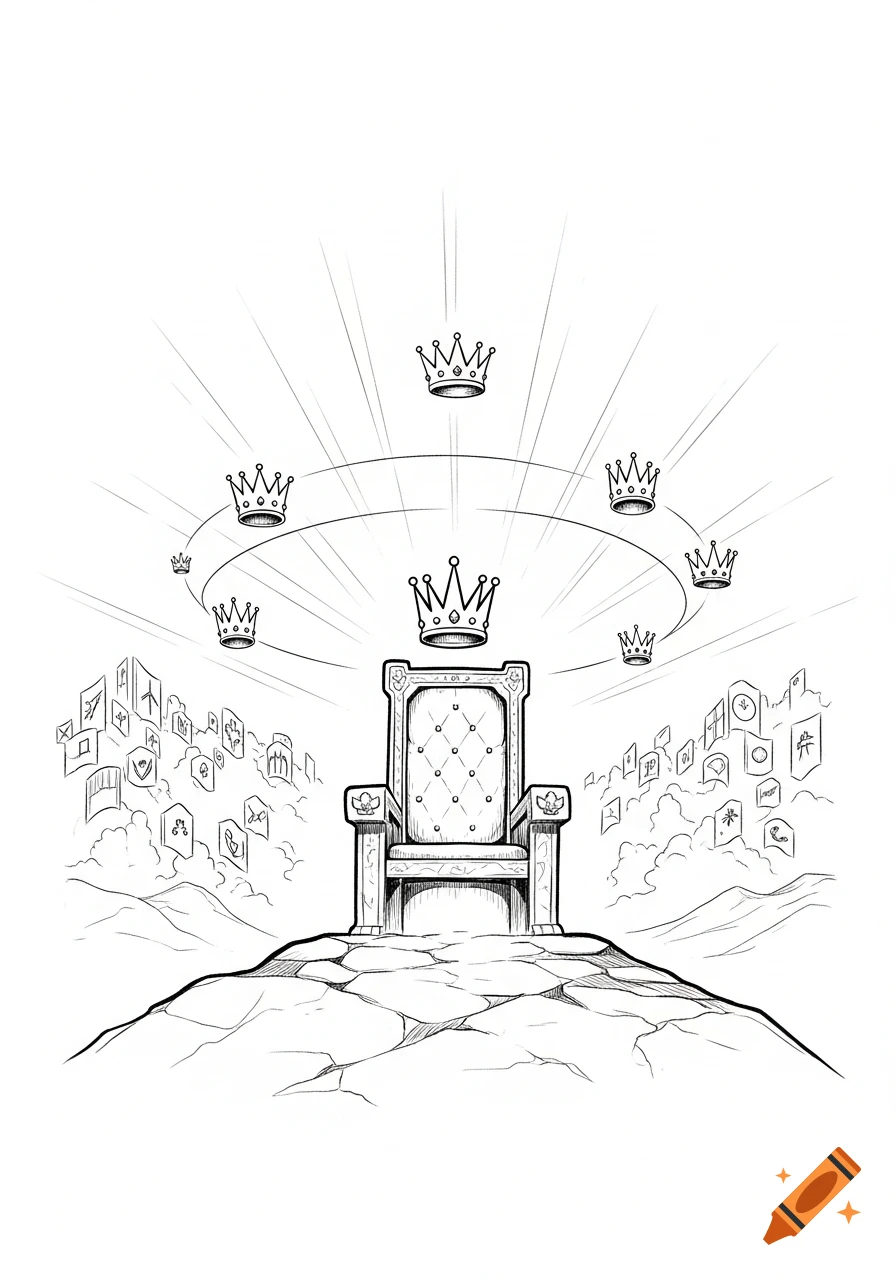 A hand-drawn black and white illustration of an ancient throne on a hill with floating crowns and abstract shapes in the distance.