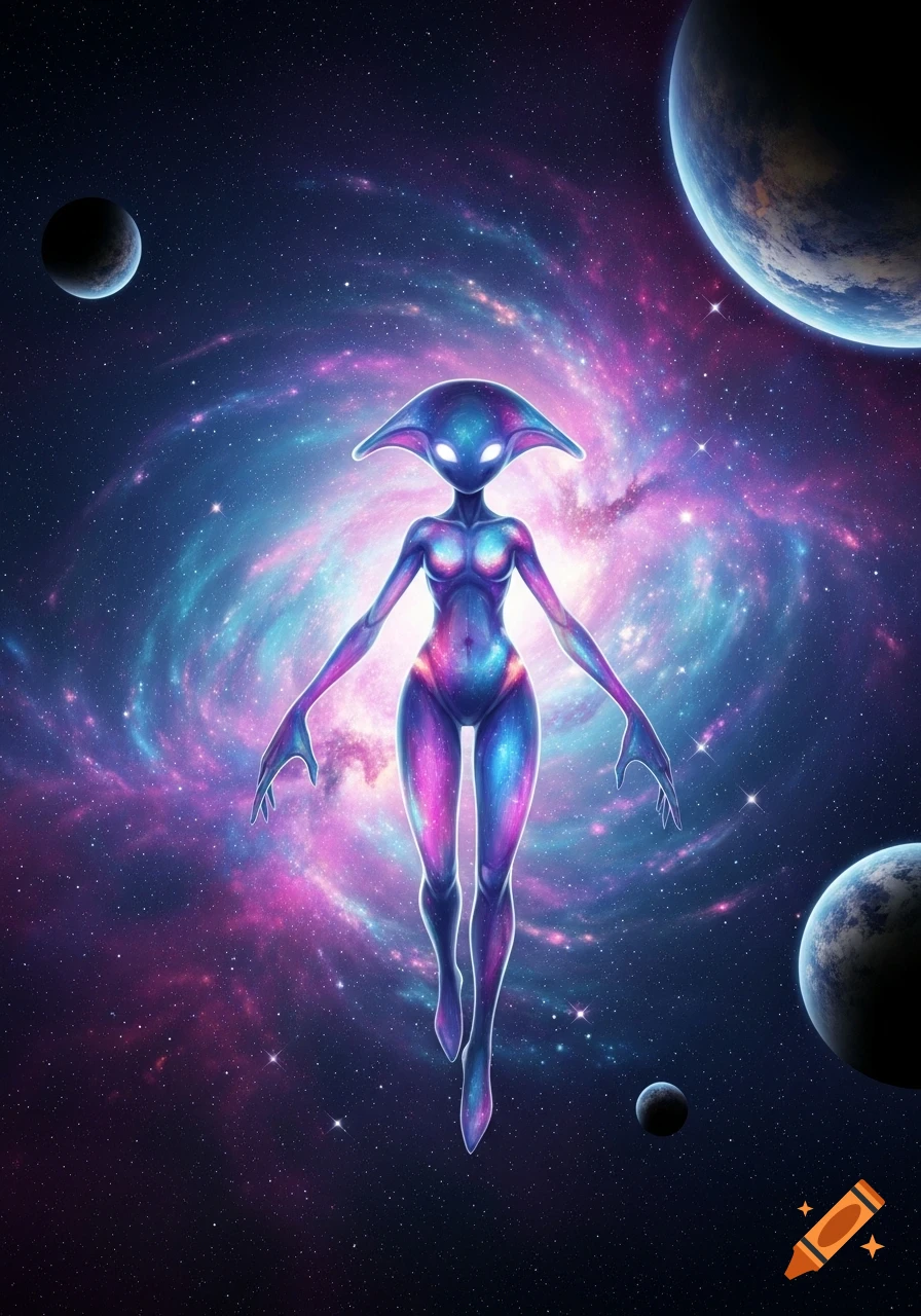 A glowing purple and blue alien creature with large eyes floats in a vibrant, swirling galaxy with planets.