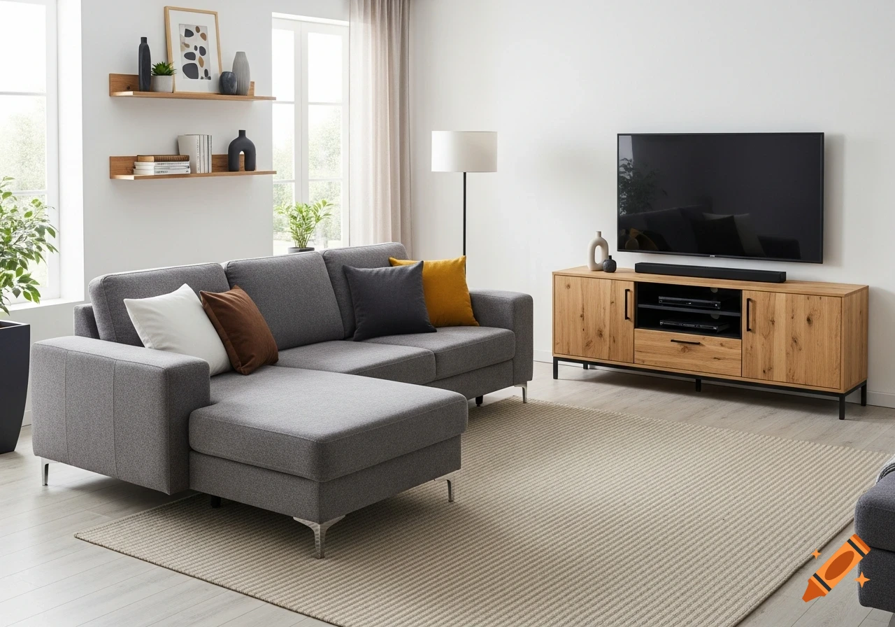 A modern living room with a grey L-shaped sofa, wooden shelves with decor, a large TV mounted above a wooden cabinet, and a beige striped rug.