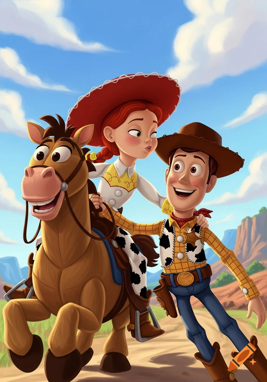 Jessie rides Bullseye the horse, leaning to kiss a smiling Woody as they walk through a sunny, stylized desert landscape in a vibrant cartoon style.