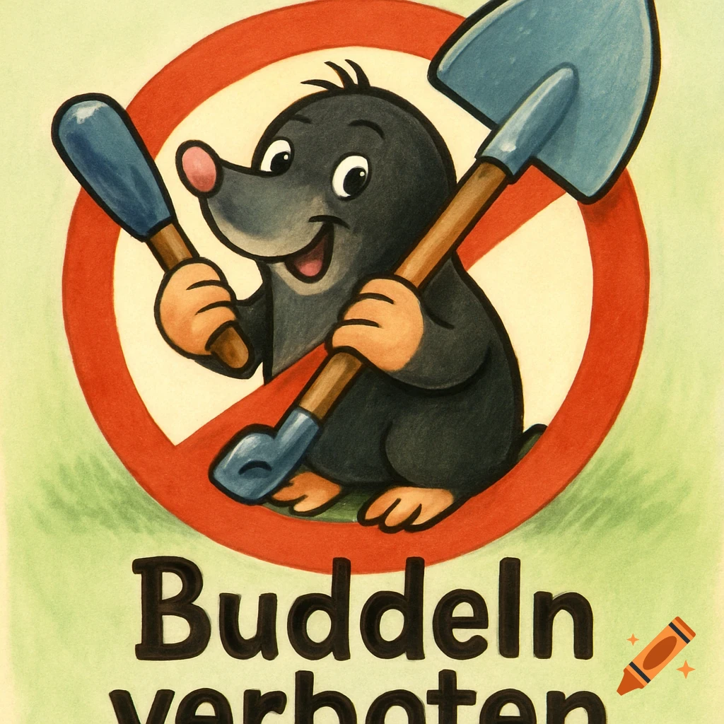 A cute cartoon mole holding a shovel in a red prohibition sign above the German text "Buddeln verboten" (No digging).