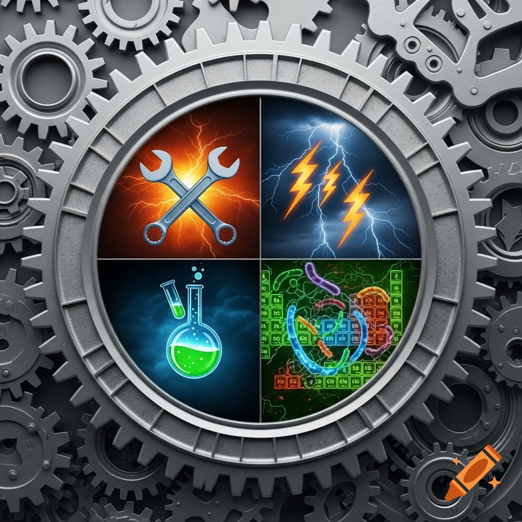 A gear-shaped emblem with four internal quadrants: crossed wrenches, lightning bolts, a beaker with green liquid, and bacteria on a periodic table.
