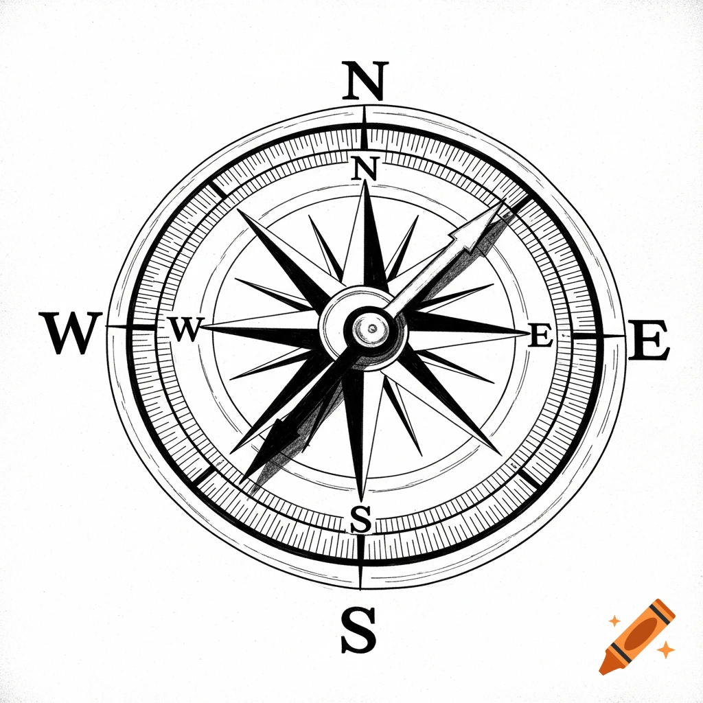 A high-contrast black and white illustration of a detailed compass rose showing cardinal directions N, S, E, W.