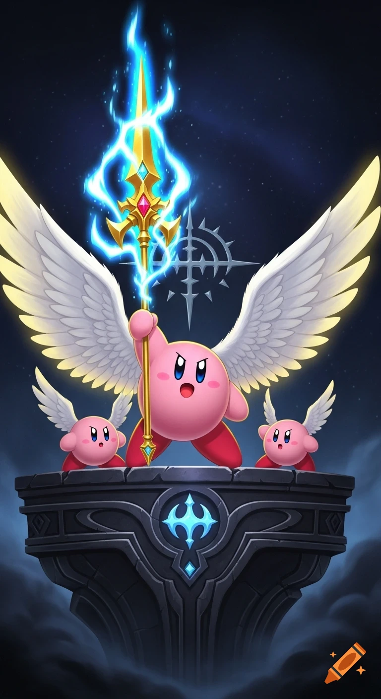 Heroic Kirby with large white wings holds a glowing blue spear, flanked by two smaller winged Kirbys on a dark ancient platform, in anime style.