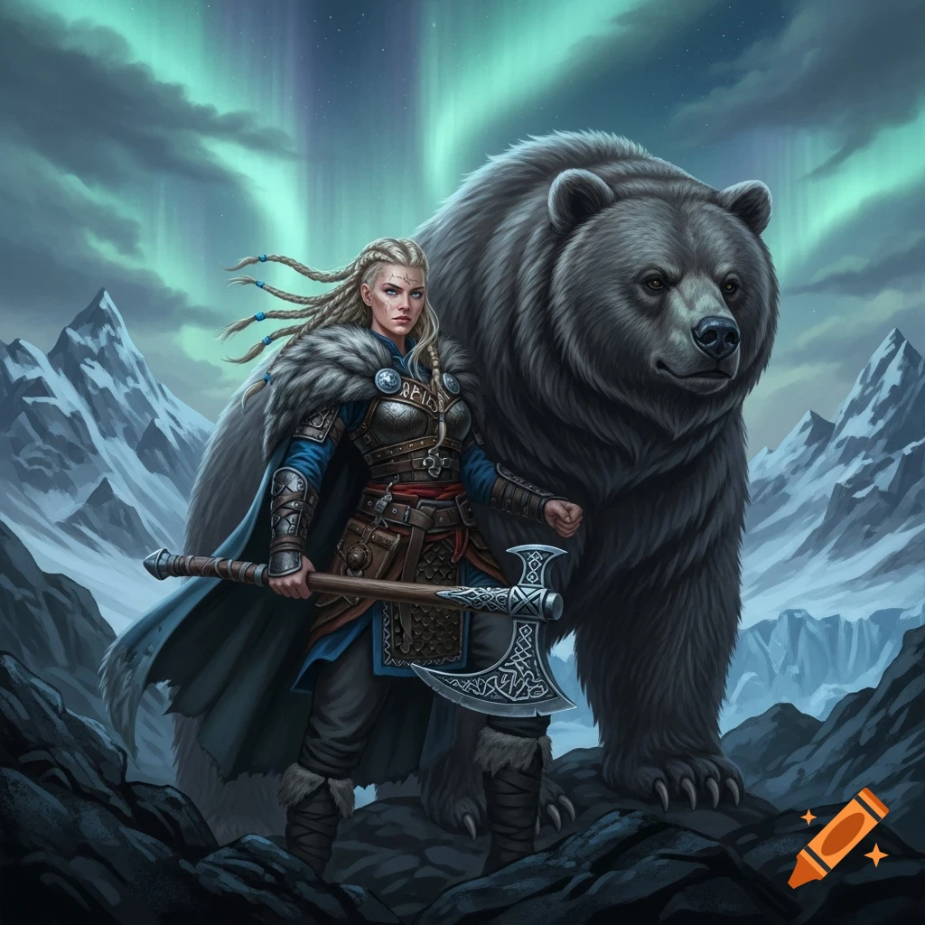 A Viking woman in armor with an axe, a large bear behind her, stands in snowy mountains under the Northern Lights. Digital painting.