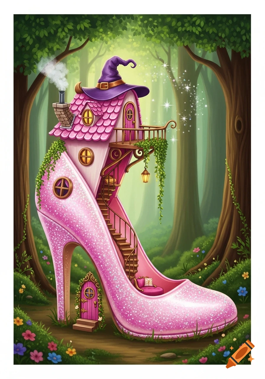 A vibrant, whimsical illustration of a pink glitter high heel shoe transformed into a fairytale house with a witch's hat roof, set in a lush forest with sparkling magic.