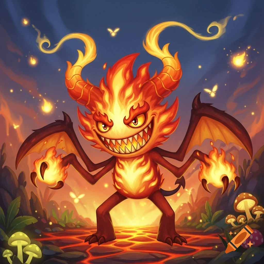 A stylized red and orange fire imp monster with horns, wings, and a toothy grin stands on lava ground, holding fire. Glowing mushrooms and fireflies surround it.
