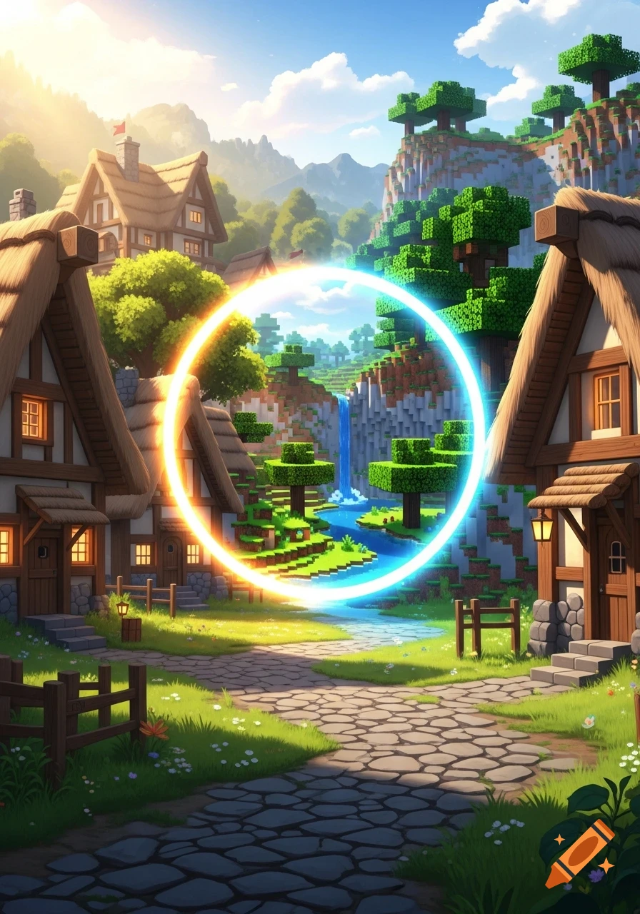 A path through a fantasy village with thatched-roof houses leads to a glowing portal revealing a blocky Minecraft-style world with a waterfall and trees.