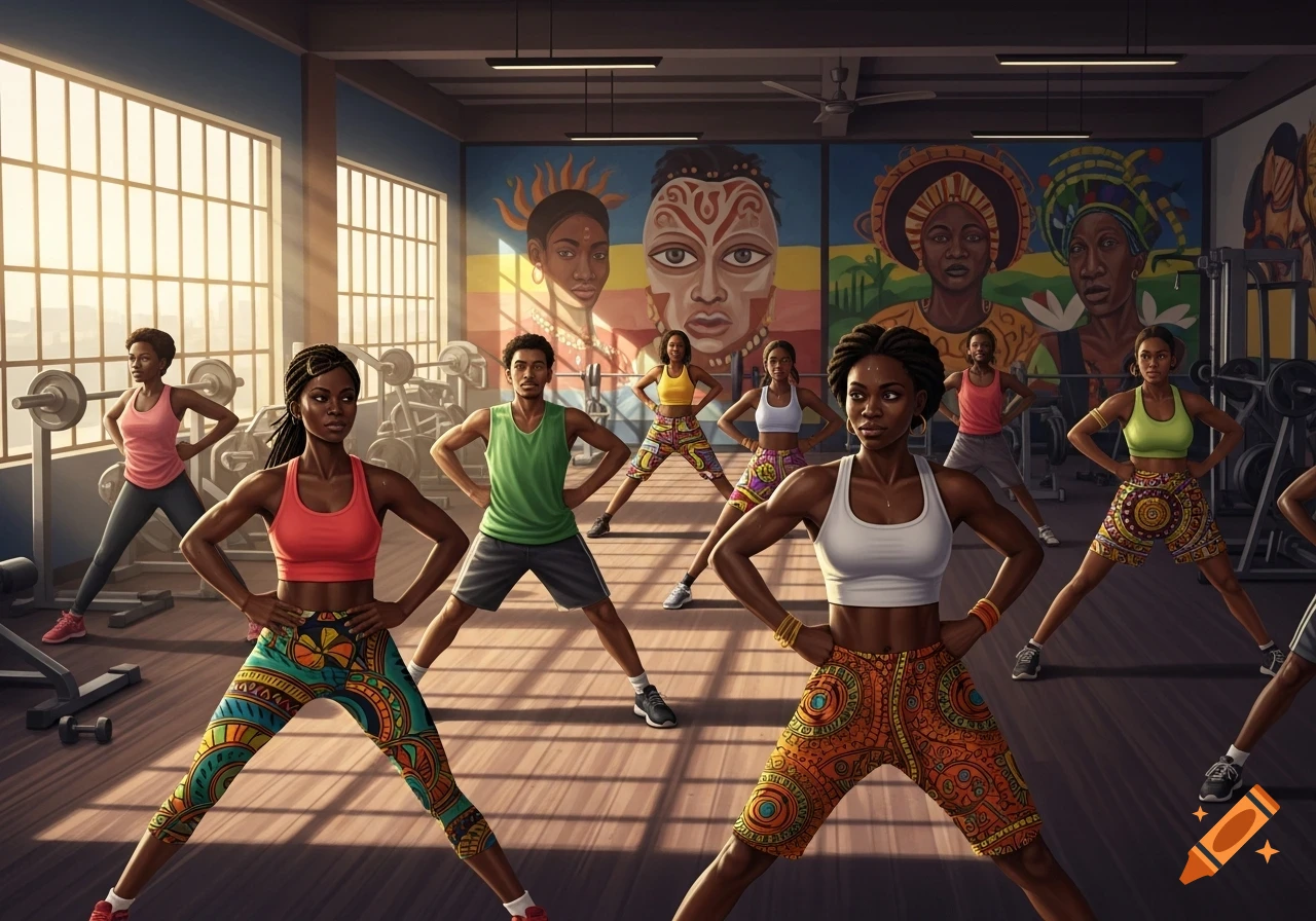 A group of African people in vibrant patterned workout clothes posing in a gym with colorful cultural murals.