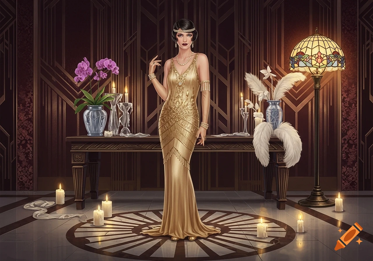 A woman in a golden flapper dress stands in an ornate Art Deco room, surrounded by candles and a stained-glass lamp.