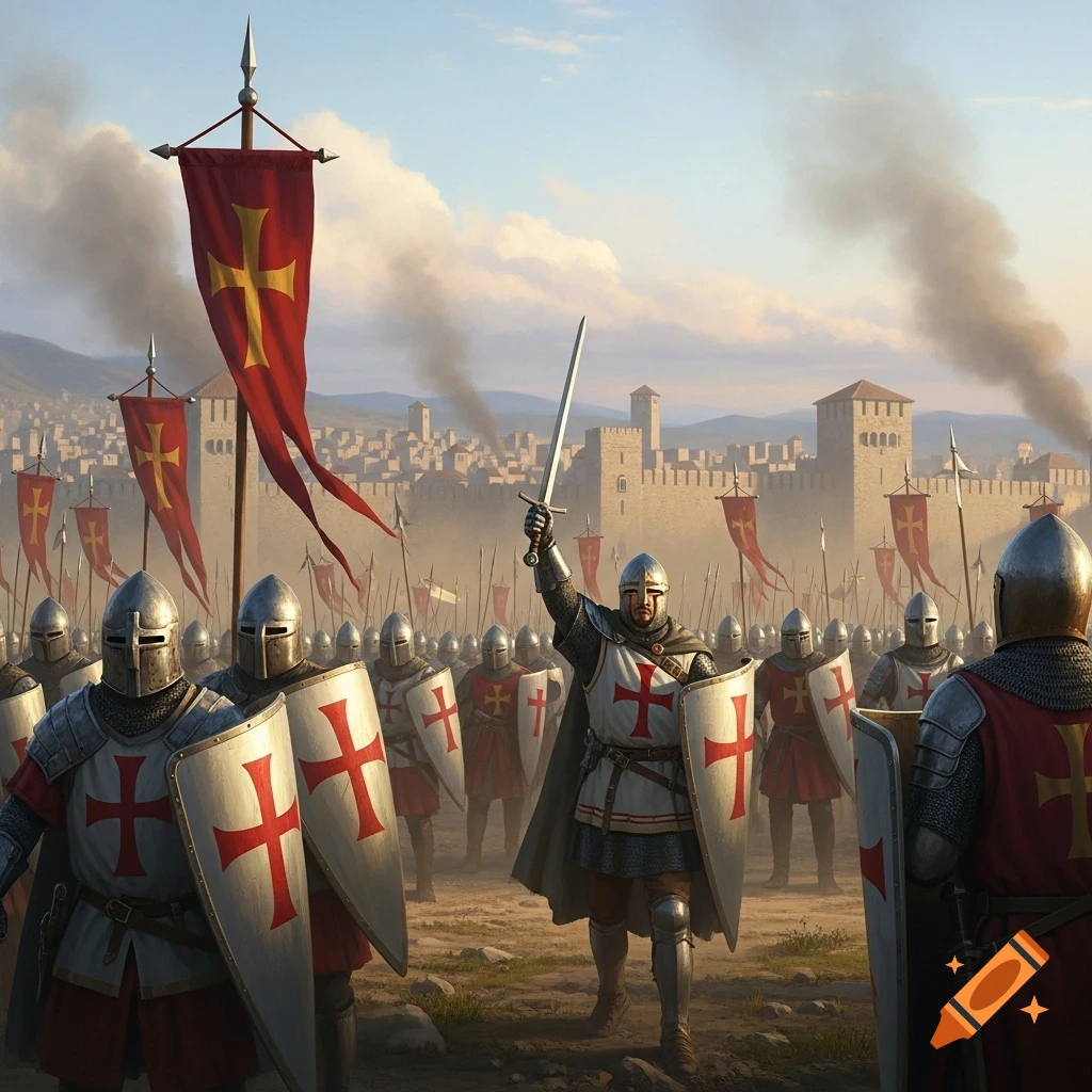 Medieval crusader knights in armor and surcoats with red crosses stand before a fortified city with smoke rising, one knight raising a sword.