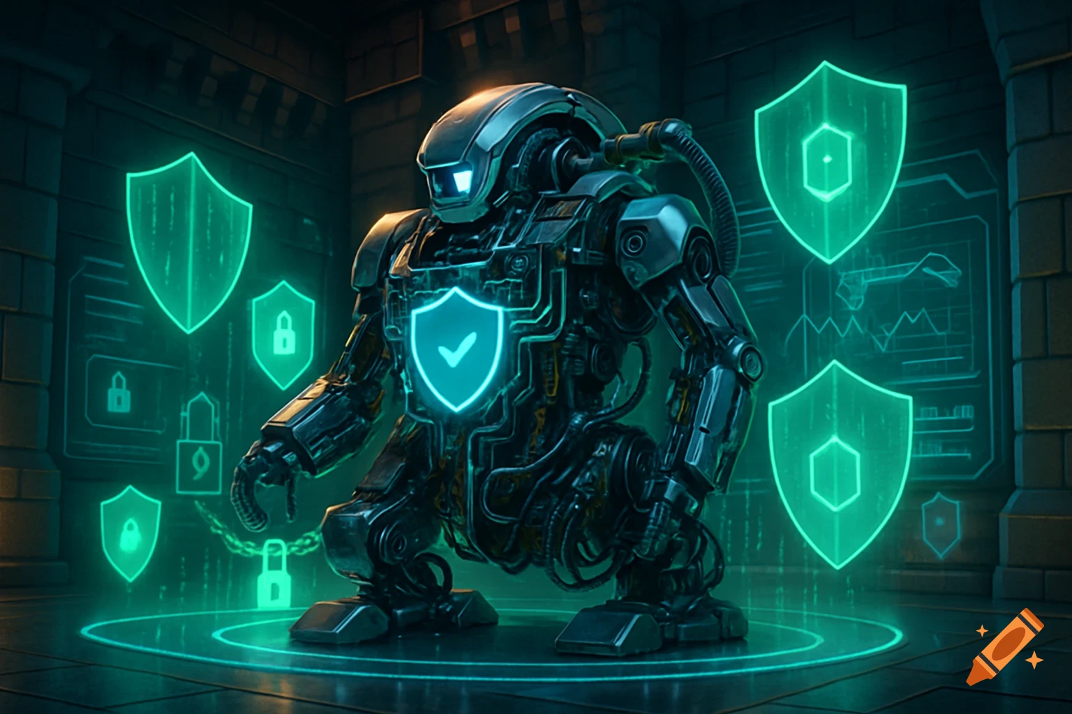 A futuristic robot with a glowing checkmark shield on its chest stands in a dark, metallic room surrounded by neon green security icons.