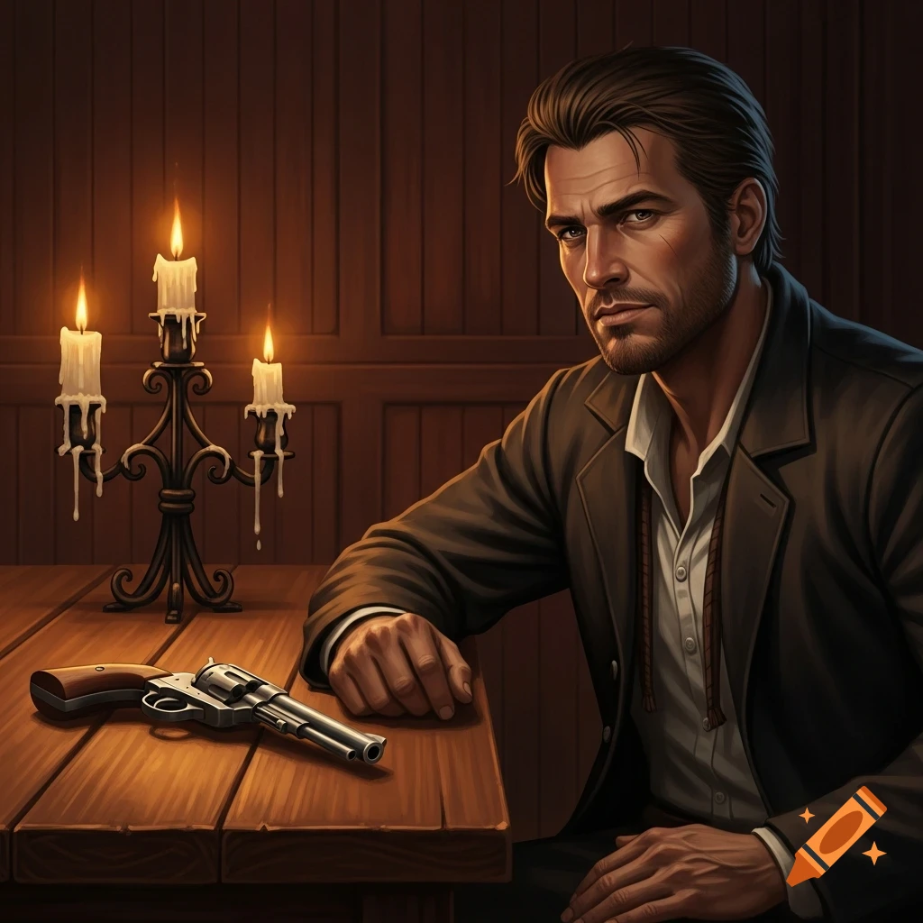 A rugged man with a beard sits at a wooden table beside a revolver and three lit candles, looking intently forward.