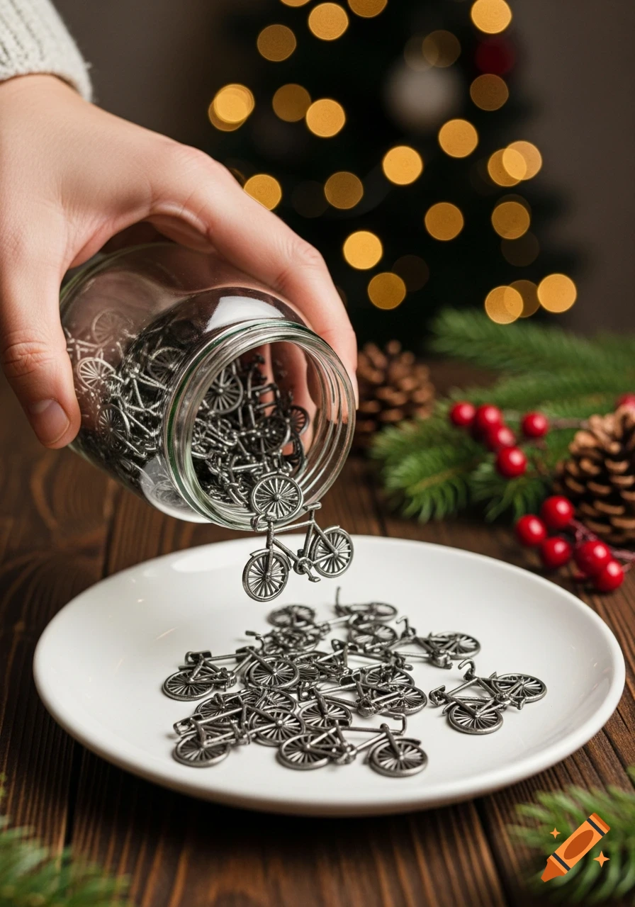 A hand pours tiny silver bicycle charms from a glass jar onto a white plate on a wooden table with blurred Christmas lights.