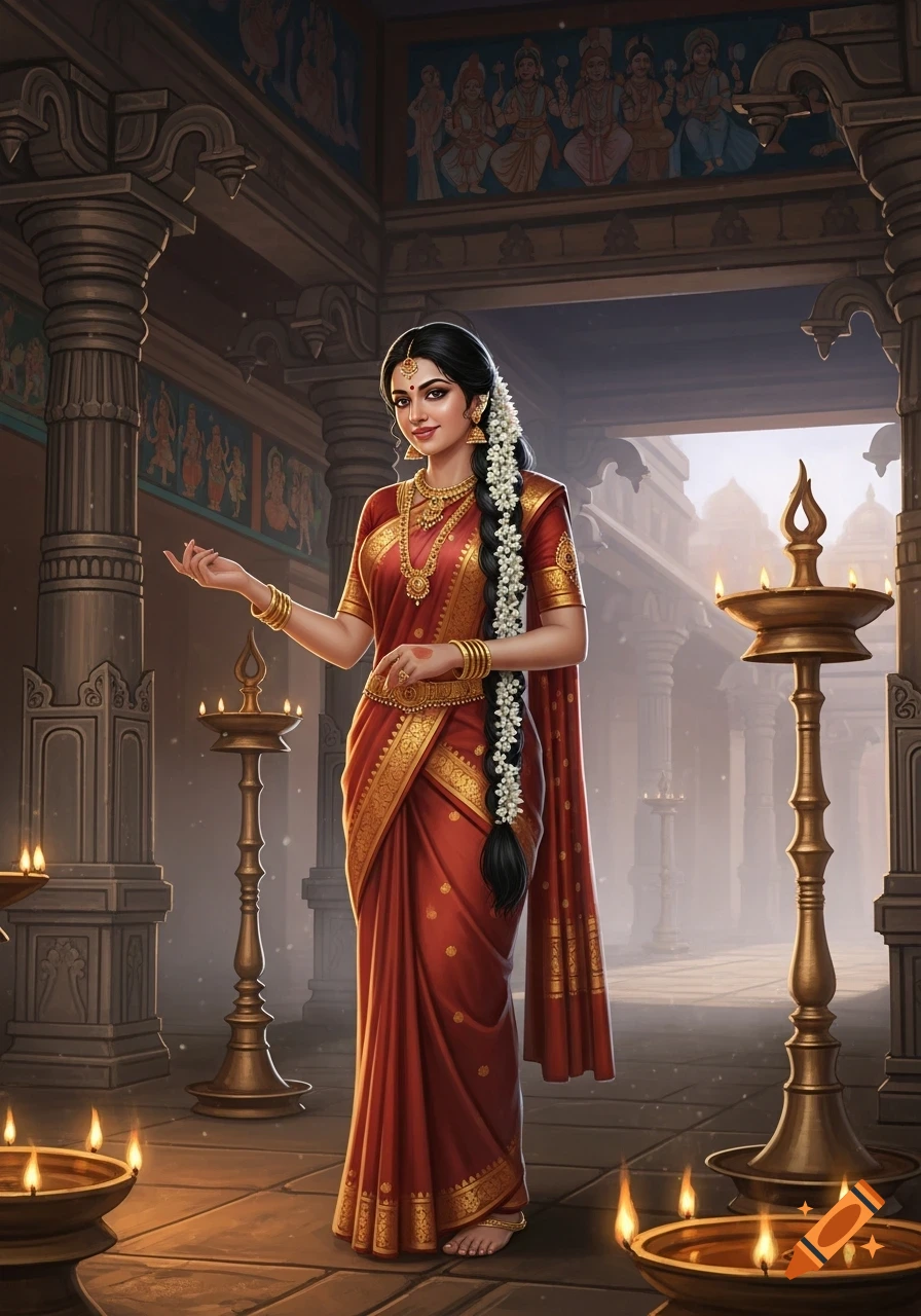 A South Indian woman in a red saree and gold jewelry stands gracefully in a temple adorned with lit oil lamps. Illustrative style.