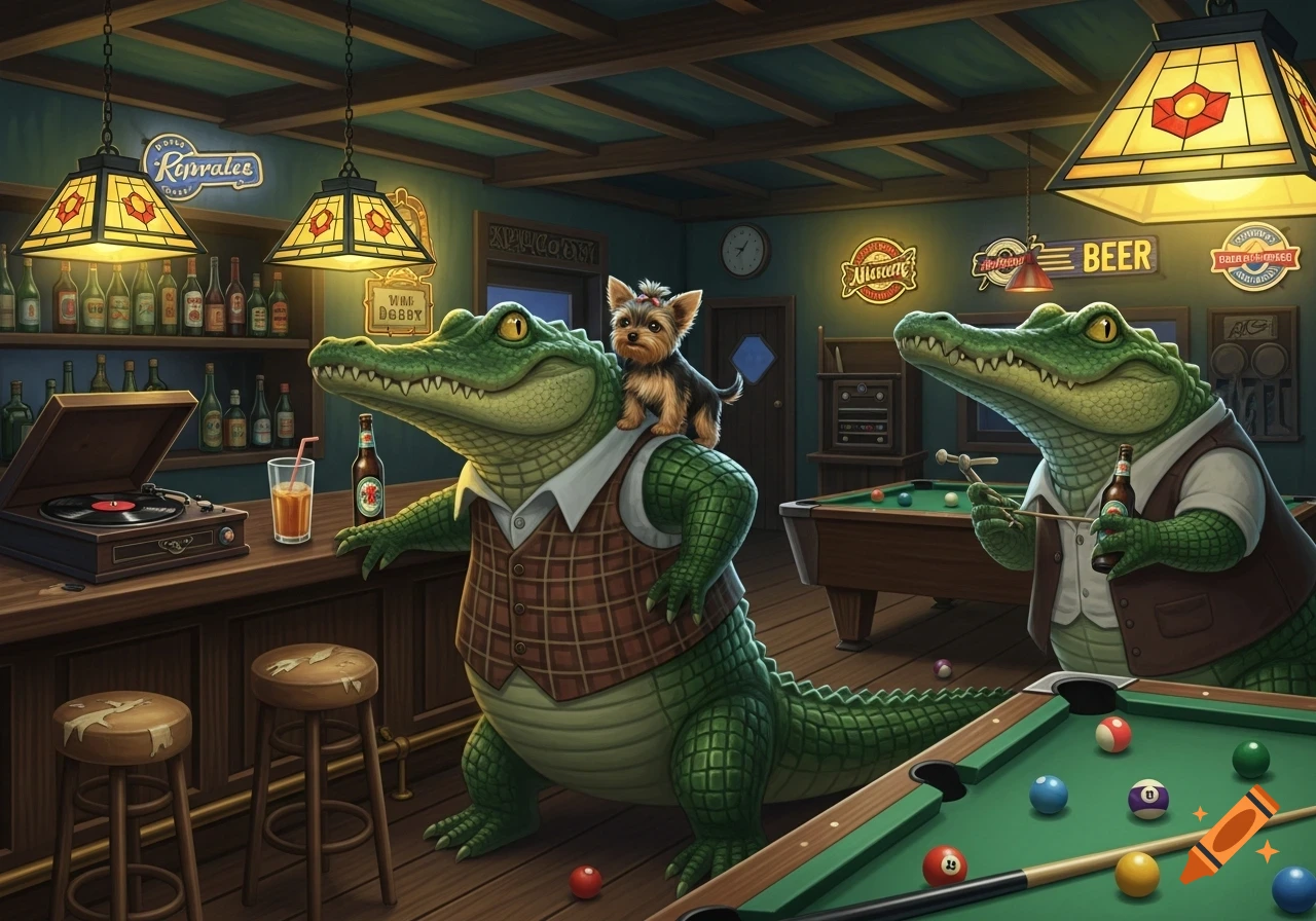 Cartoon alligators in a dive bar. One alligator at the bar with a small yorkie on its shoulder, another plays pool.