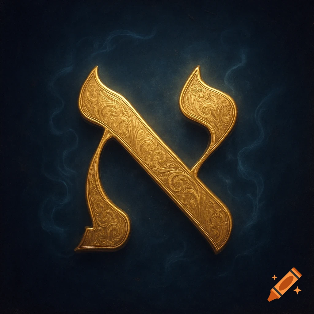 An ornate golden Hebrew letter Aleph (א) with intricate scrollwork on a dark blue background with subtle wisps.